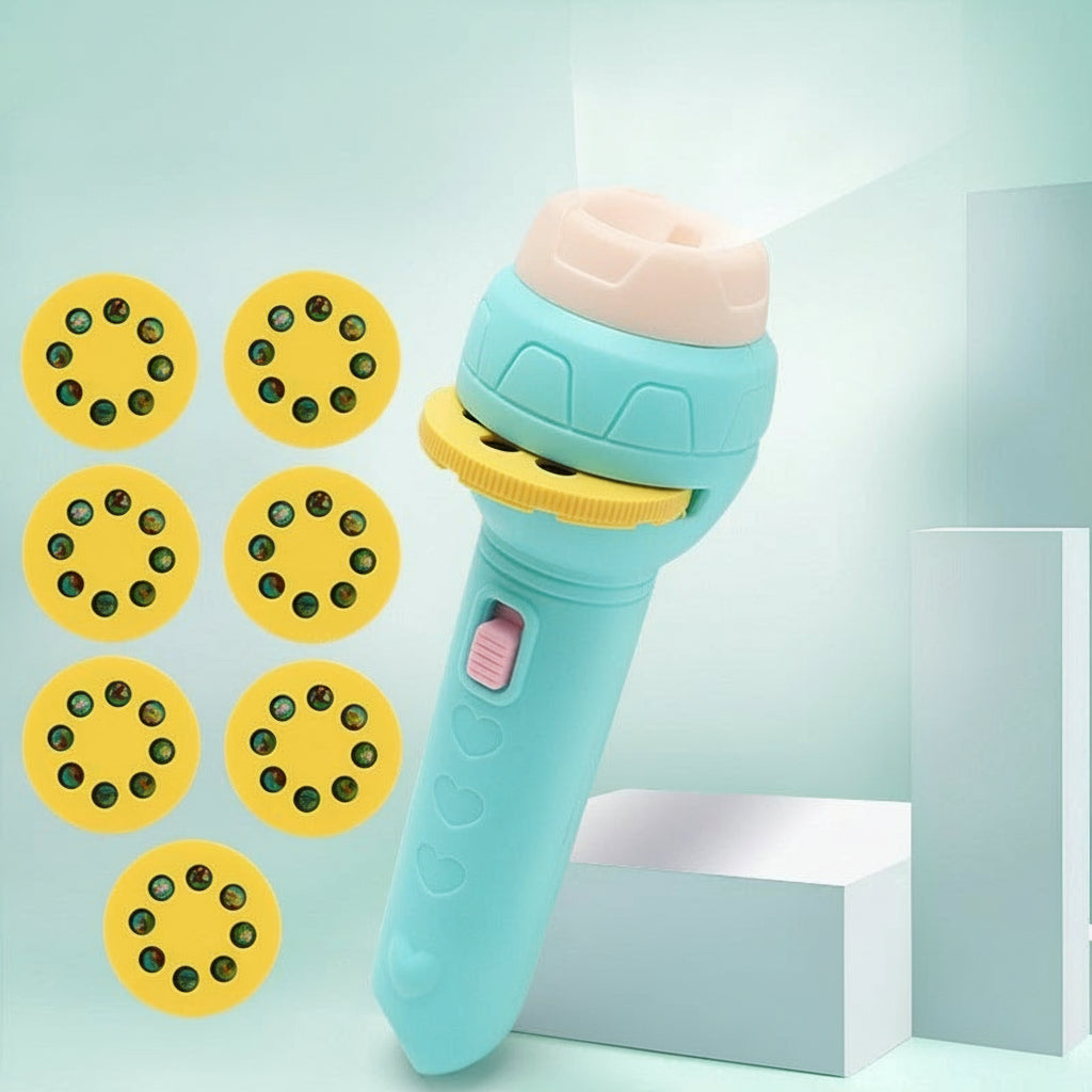 Toy flashlight with projection discs on a light blue background