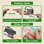Instructions for replacing a blade on a packaging tool with images of hands performing actions.