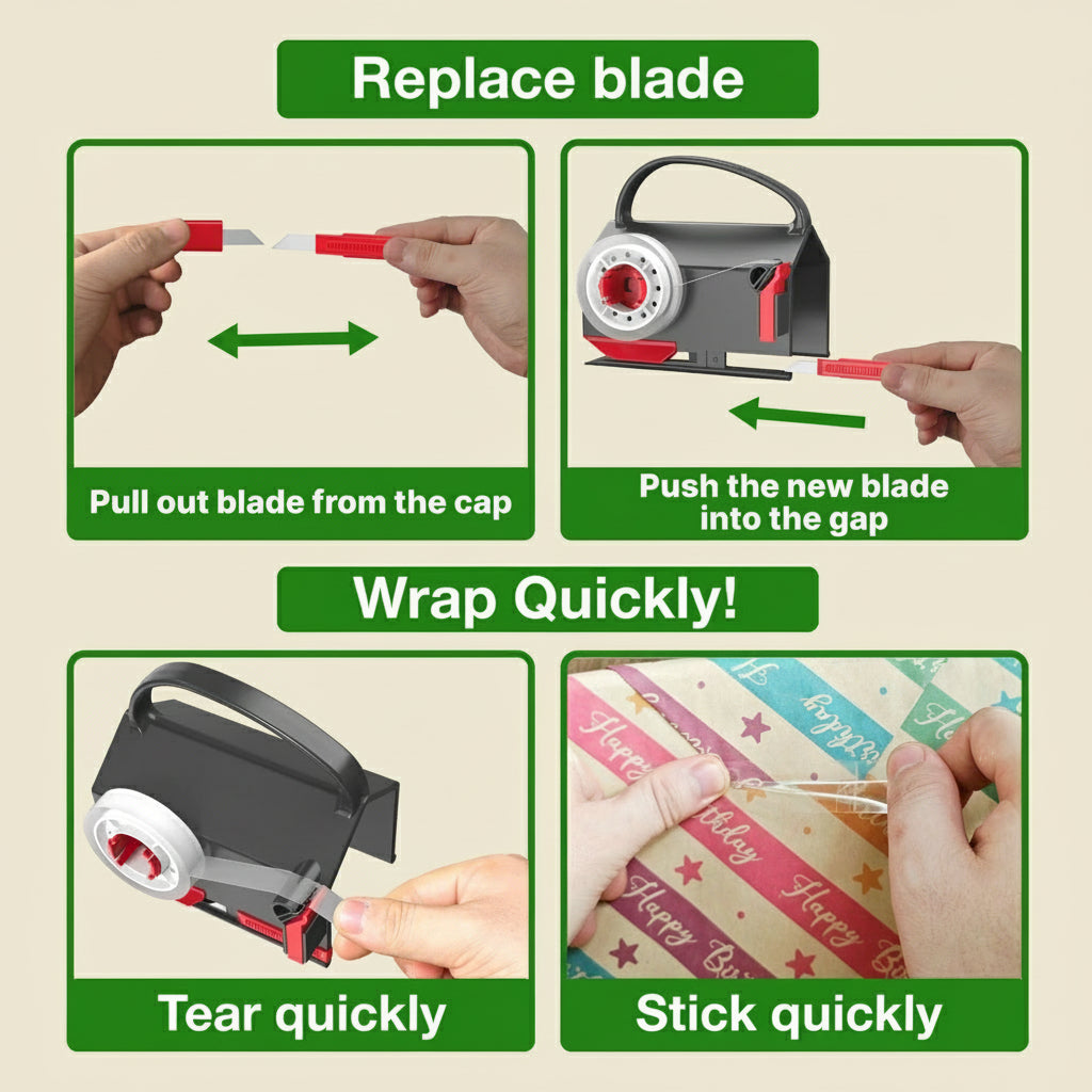 Instructions for replacing a blade on a packaging tool with images of hands performing actions.