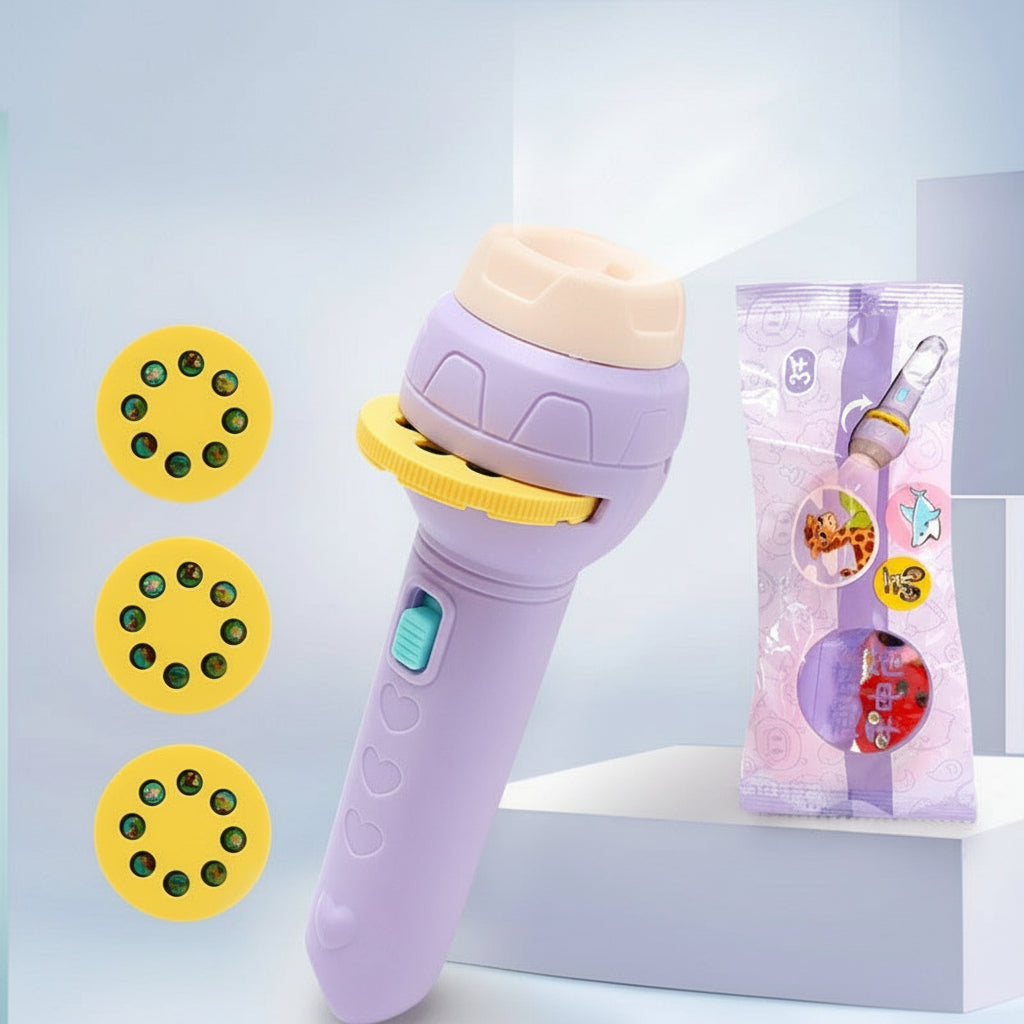 Purple flashlight with yellow accents and packaging on a light blue background