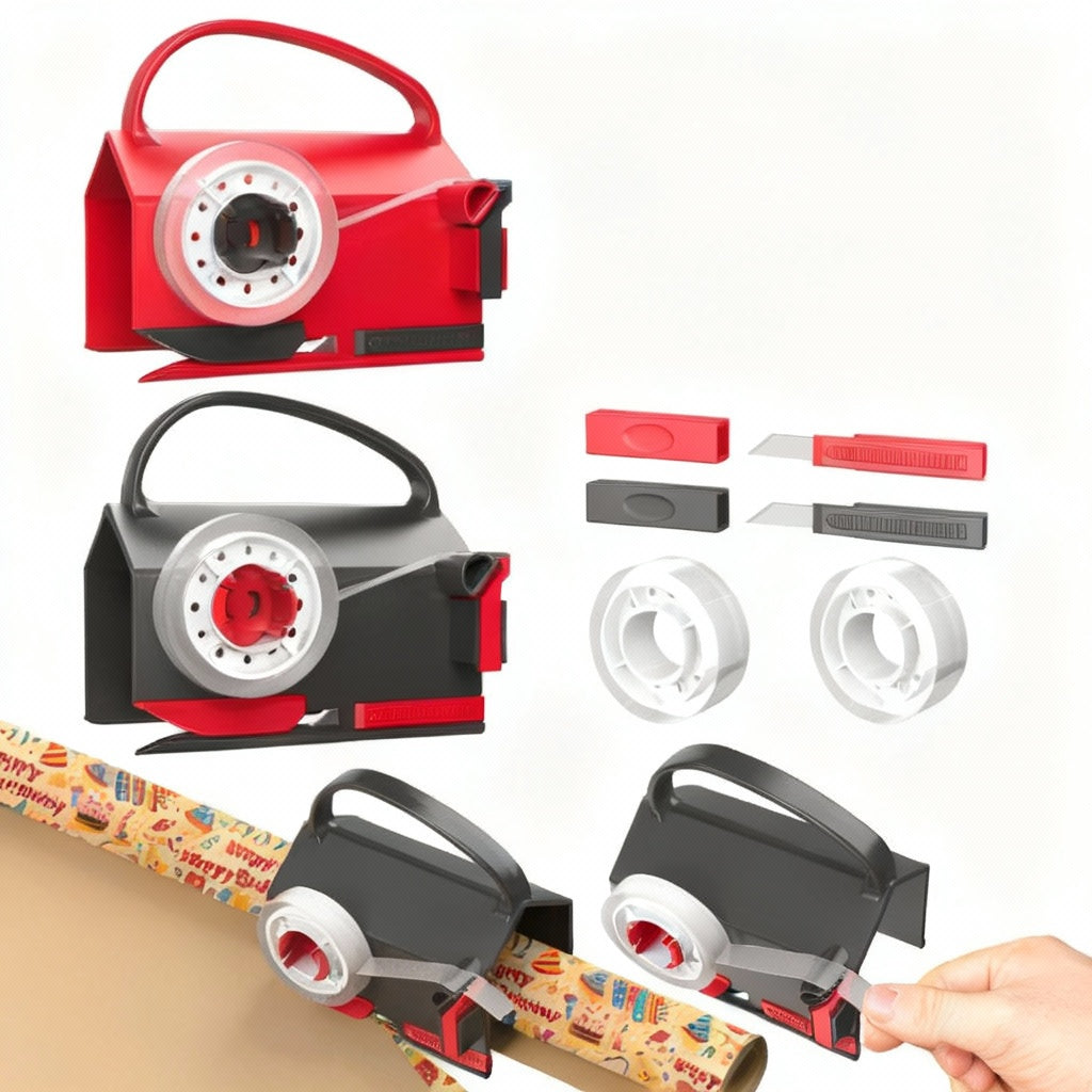 Red and black tape dispenser with accessories on a white background