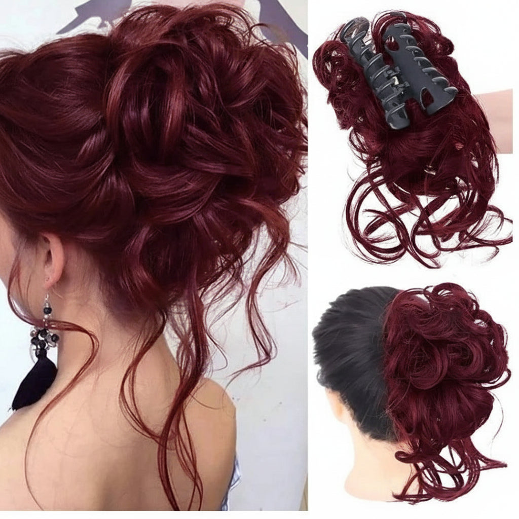 Burgundy hair bun extension with a clip on a mannequin head and close-up view.