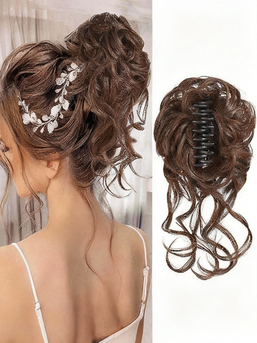 Hair extension worn by a woman with a decorative headband on a white background