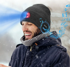 Man wearing a beanie with built-in headphones and music symbols in the background