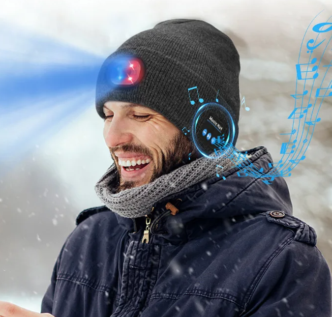 Man wearing a beanie with built-in headphones and music symbols in the background